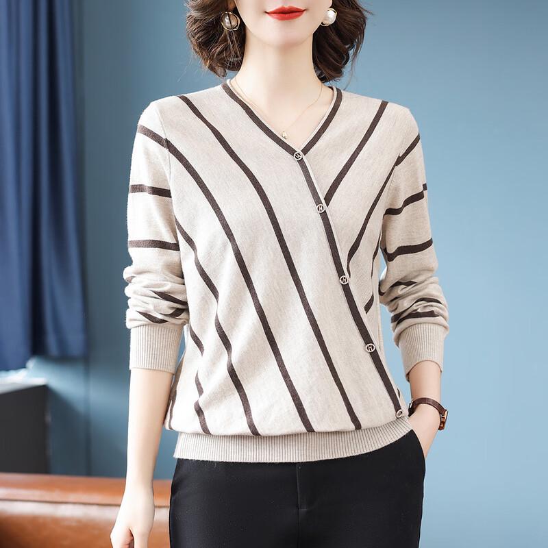 Baolianduo Women's Striped V-Neck Long Sleeve Knit Top