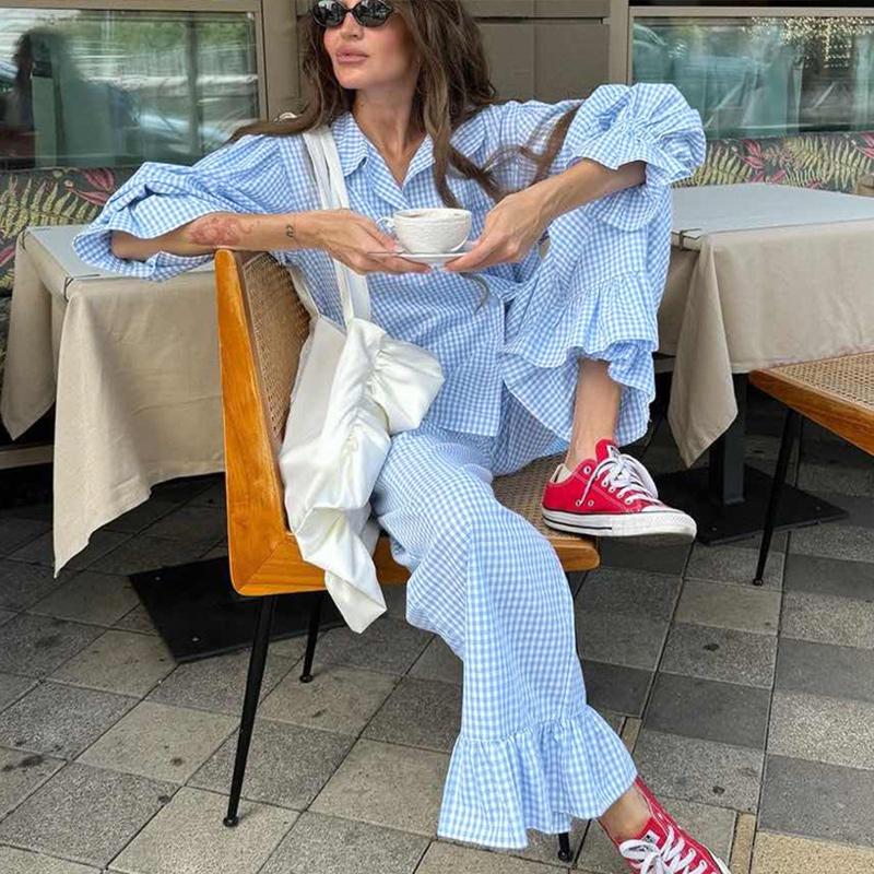 Shirt Lotus Leaf Side Length Pants Two Piece Set Spring Women Long Sleeves Lapel Blouse+High Waist Loose Trousers Female Outfit