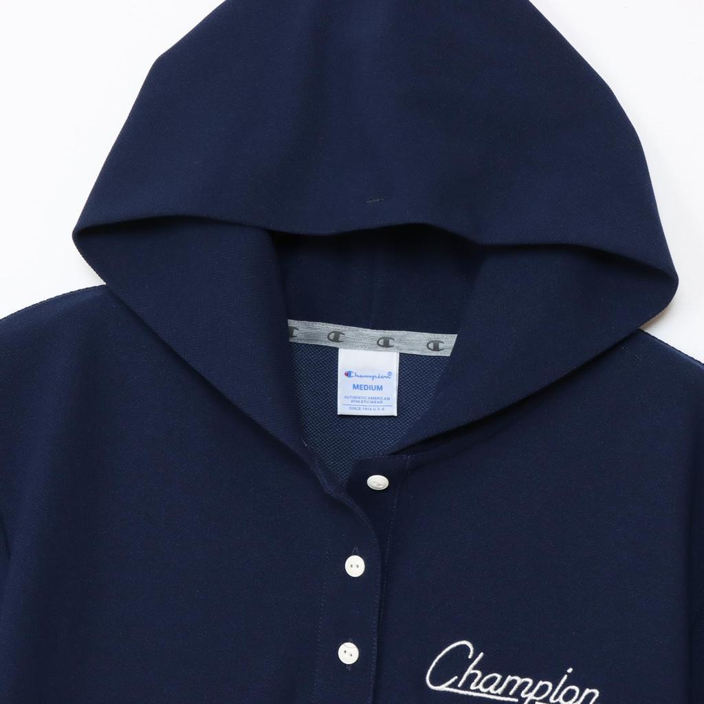 Champion Short Sleeve Hooded Polo Shirt UV Logo Embroidery Women's (CW-BG307), Navy, Heat-Shielding, Protection, Quick-Drying, One-Point