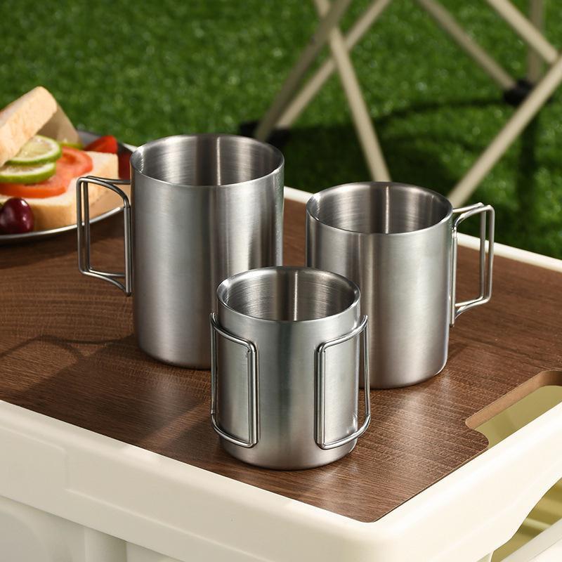 Camping Cup Tableware Nature Hike Travel Picnic Portable Mug Cupped Stainless Steel Water Cup Mug with Foldable Handle Cookware