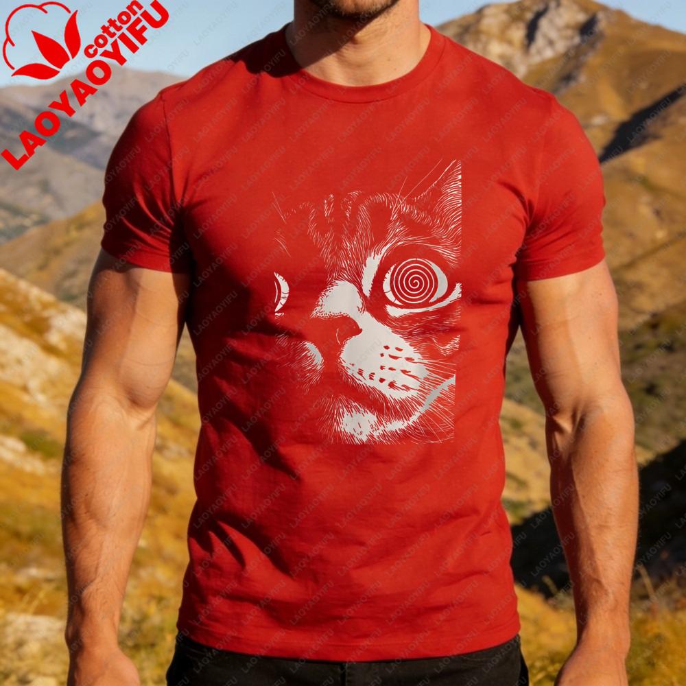 Hypno Cat Spiralaugen Grafik T-Shirt Herren Baumwolle Lustig Katzenliebhaber Kurzarm Tee Psychedelisch Meme Lässig Outdoor Tägliches Outfit