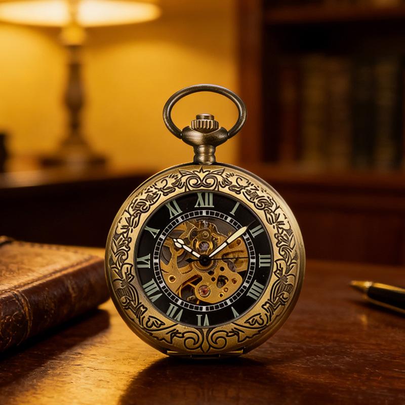 Fully Automatic Mechanical Pocket Watch Retro Flip Automatic Winding Mechanical Pendant Watch Engraved Magnifying Lens Mechanical Luminous Watch бронзовый