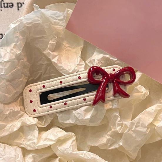2Pcs Girl Hairpin Dot Embossed Bow Decor Faux Leather Cover Hair Clip Bangs BB Clip Hair Styling Tool Hair
