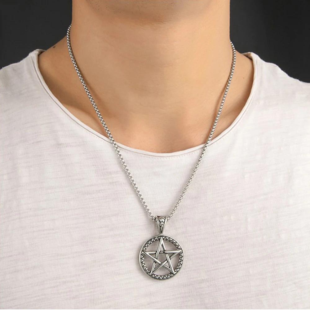 316L Rostfritt Stål Pentagram Hänge Halsband Vintage Satan Punk Hip Hop Biker Berlock Pentagram Halsband Smycken Grossist