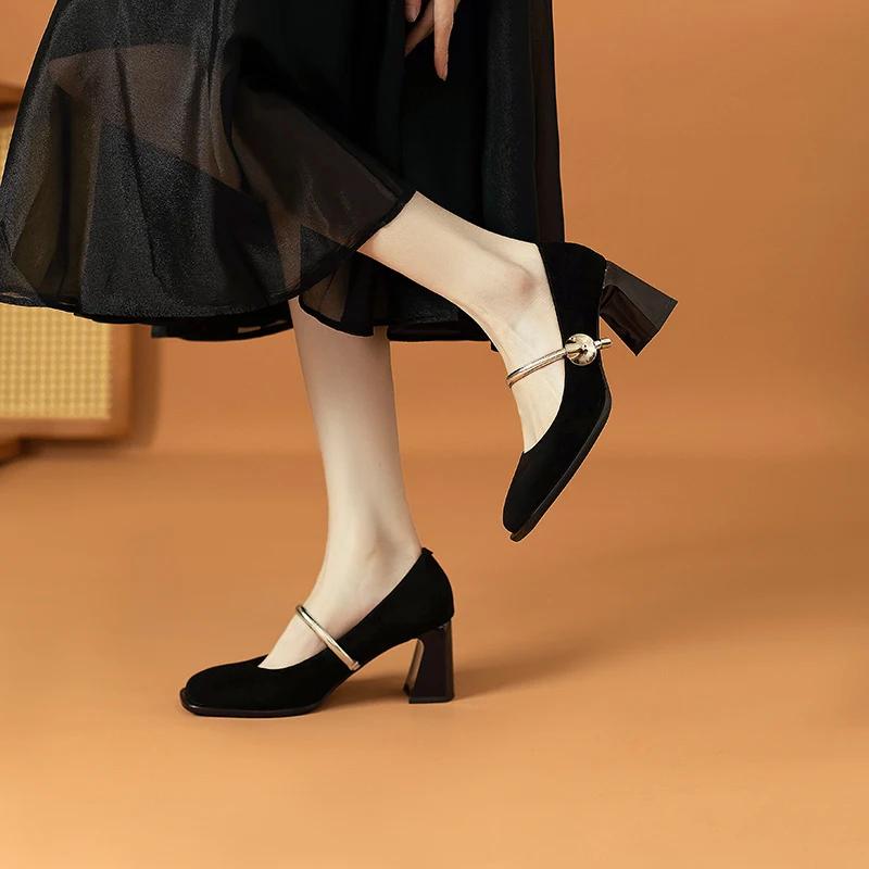 New Retro Square Toe High Heels With Metal Strap; Shallow Mouth Velvet Thick Heel Versatile Single Shoes For Skirts Heels Women