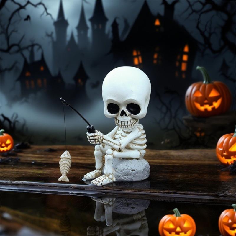 Outdoor Resins Halloween Skeleton Fisherman Sculpture With Shaking Head Design For Garden Patios Pond Decoration Gift