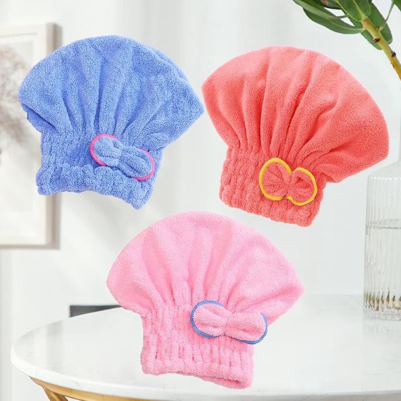 3 Pieces Absorbent Hair Drying Caps | Coral Fleece Quick-Dry Skin-Friendly | Adorable Bow Design Designed for Shower/Spa
