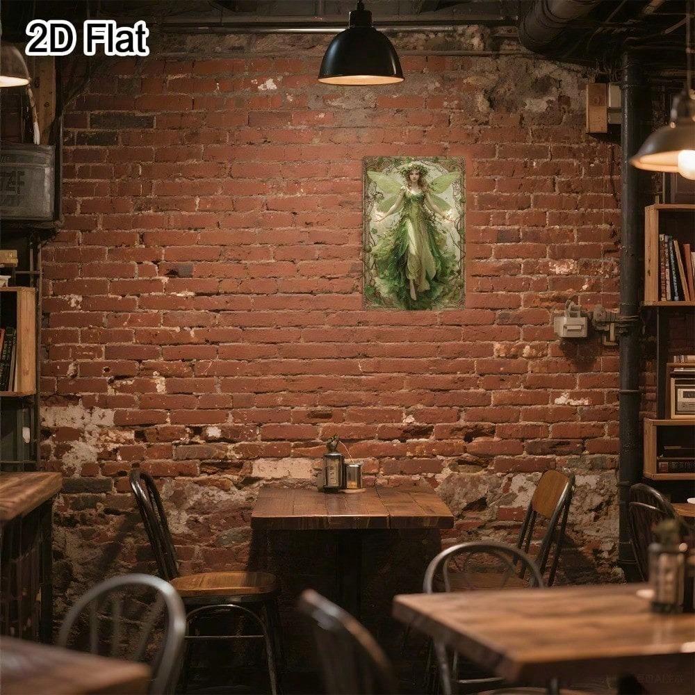 Enchanted Forest Fairy Metal Wall Art, 8x12 Inch Vintage Green Fairy With Floral Dress & Leaf Wand, Rustic Iron Fantasy Bedroom