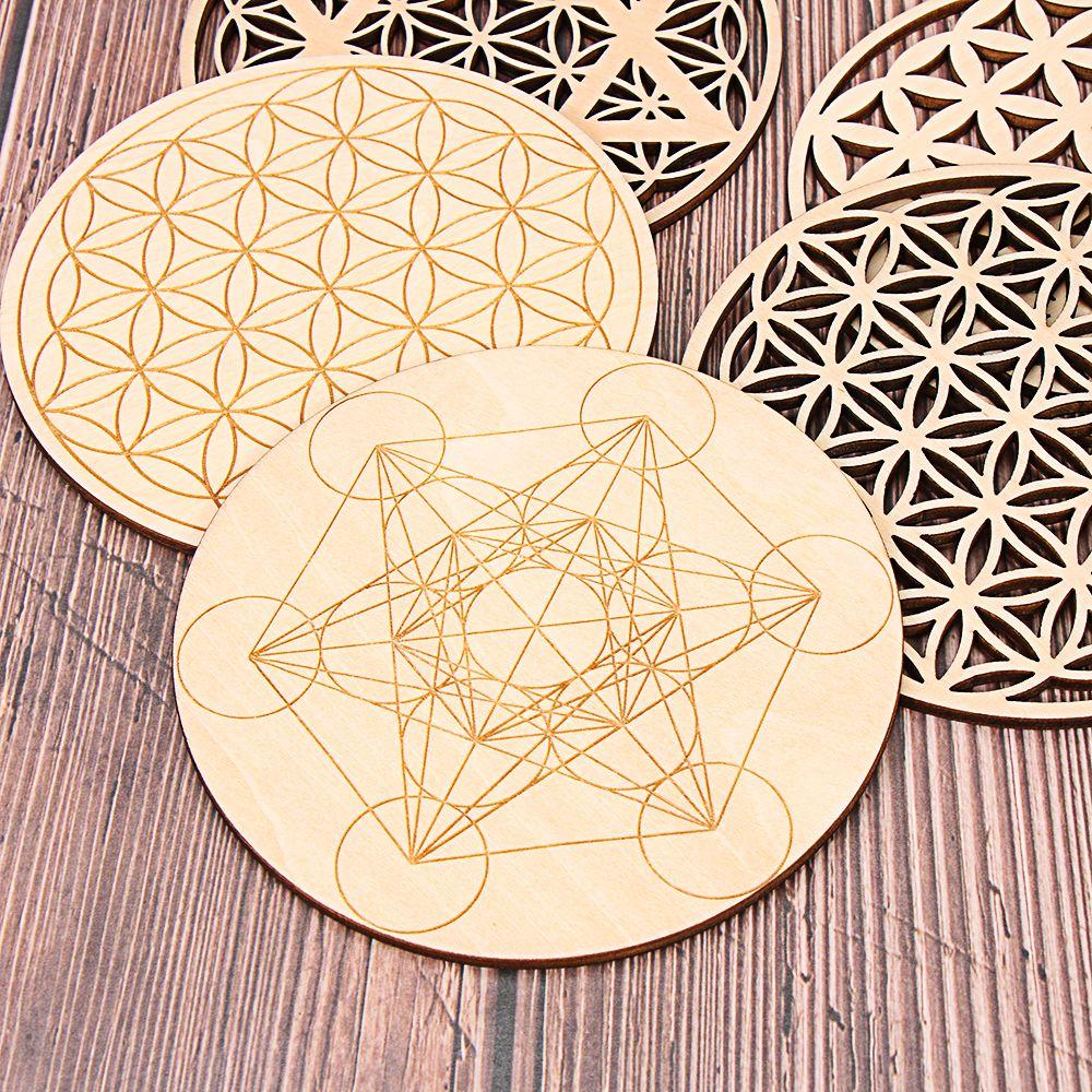 Collectibles Flower of life Arts And Crafts Wood Chakra Pattern Coaster Circles Carved Round Edge