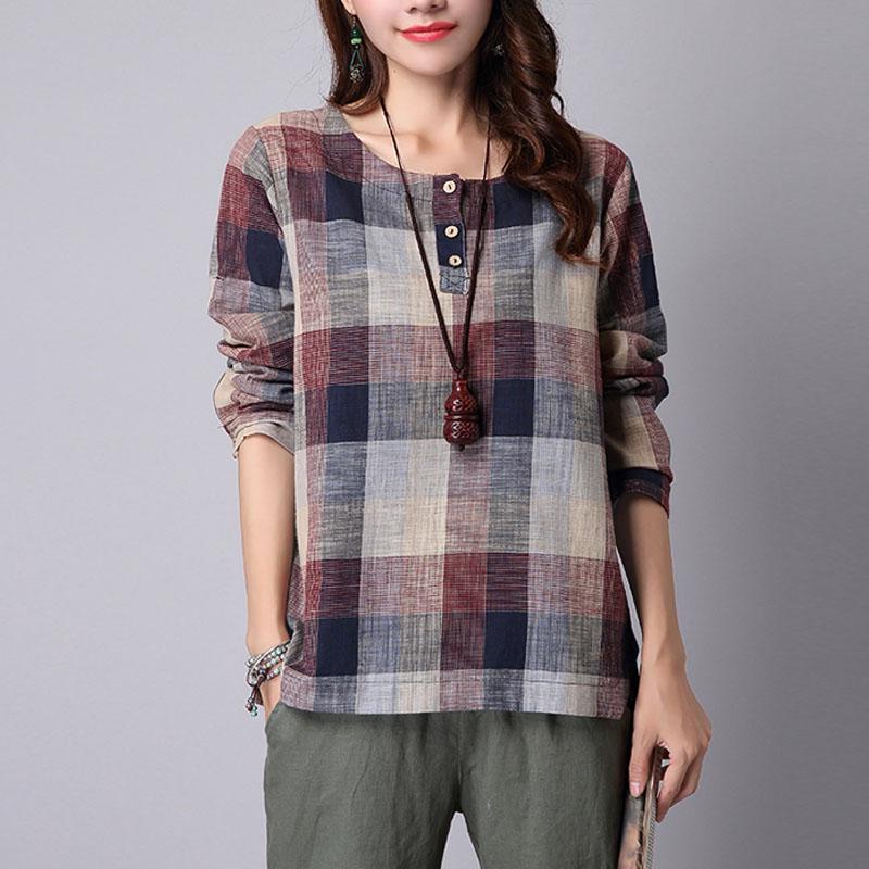 

Женщины Хлопок льняной плед Scoop шеи Длинные рукава блузка