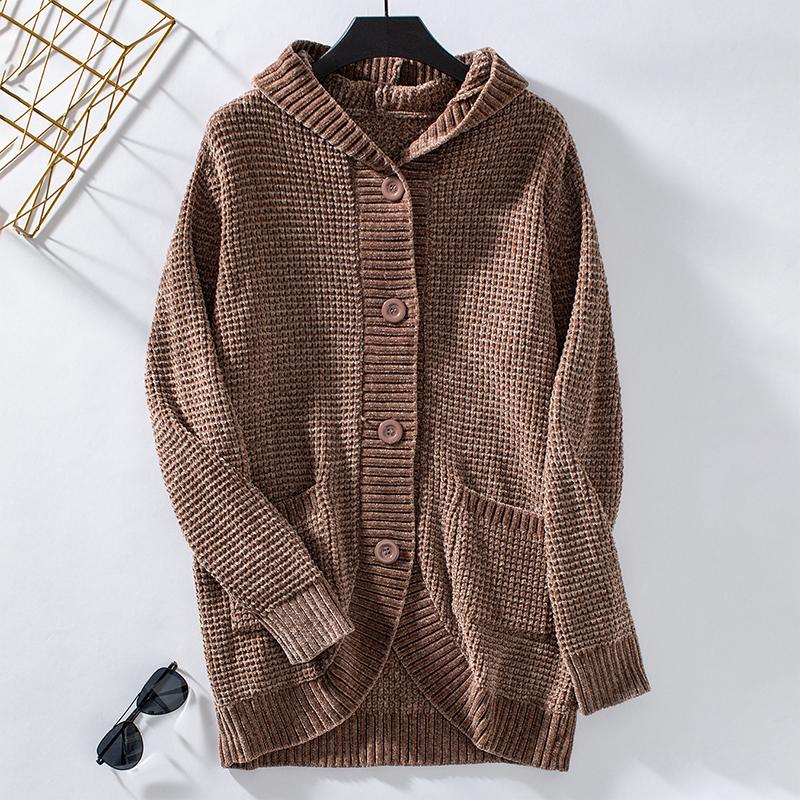 Winter Women's Clothing New Retro Sweater Women's Button Hooded Solid Color Long Sleeved Knitted Cardigan Office Women's Jacket
