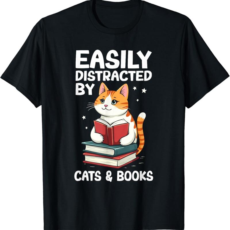 Funny Easily Distracted By Cats And Books T Shirt
