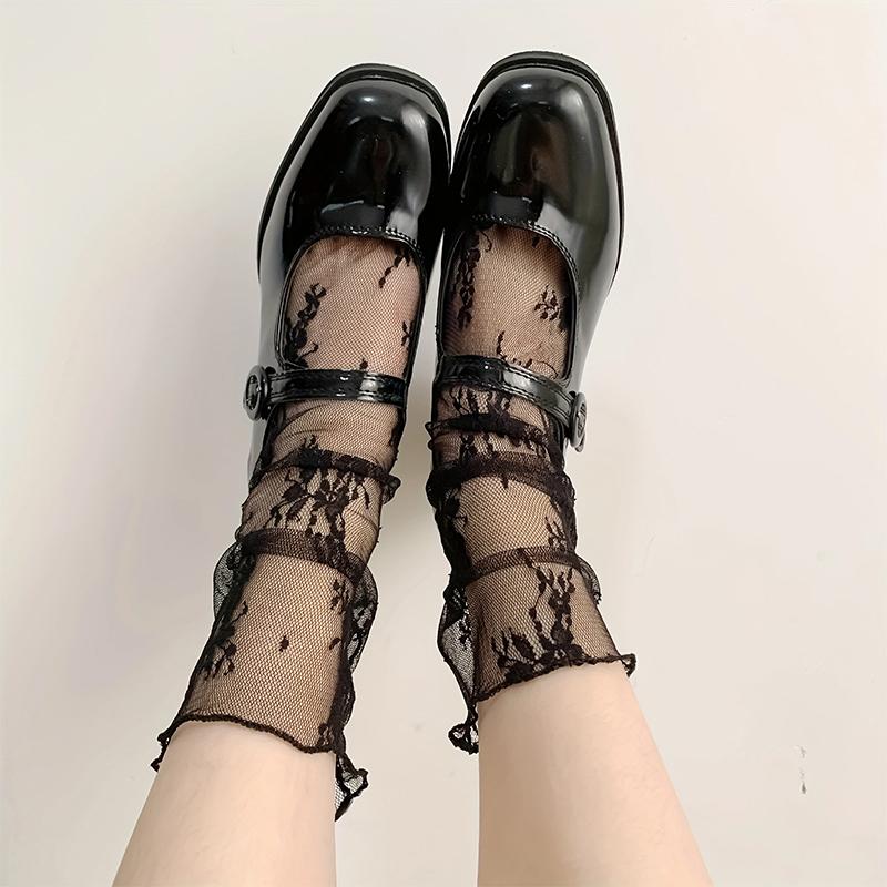 1/2/3Pairs Floral Lace Mesh Socks, Sweet & Cute Lolita Lettuce Trim Socks, Women's Stockings & Hosiery