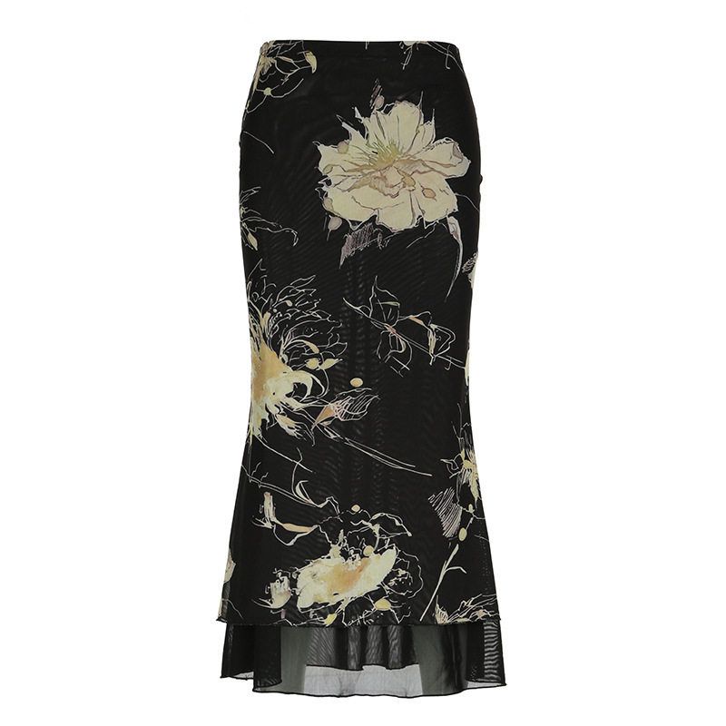 C491Sk European and American Cross-Border Retro Tie-Dye Floral Print Mesh Skirt Low-Waist Slim-Fit Vintage-Style Long Skirt Black C491Sk S