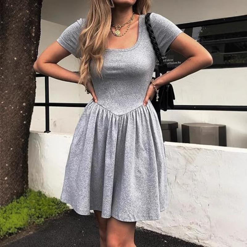 Solid Color Square Neck Short Sleeve Pleated Casual Mini Dress