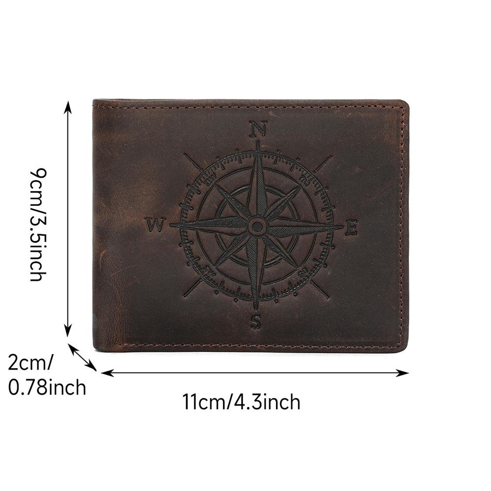 Vintage Genuine Crazy Horse Leather Men's Wallet Embossed Compass Design RFID Blocking Bifold Wallet Retro Simple Credit Card Holder Billfold