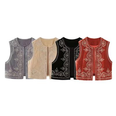 Vintage Autumn Velvet Embroidered Vest Sleeveless Jacket Women V Neck Chic Waistcoats Female Fashion Vests Coat