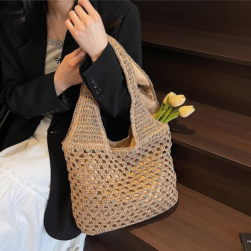 Yogodlns Casual Woven Straw Bag Large Capacity Fashionable Shoulder Beach Vacation Bag for Spring Summer Shopper Handbag Totes