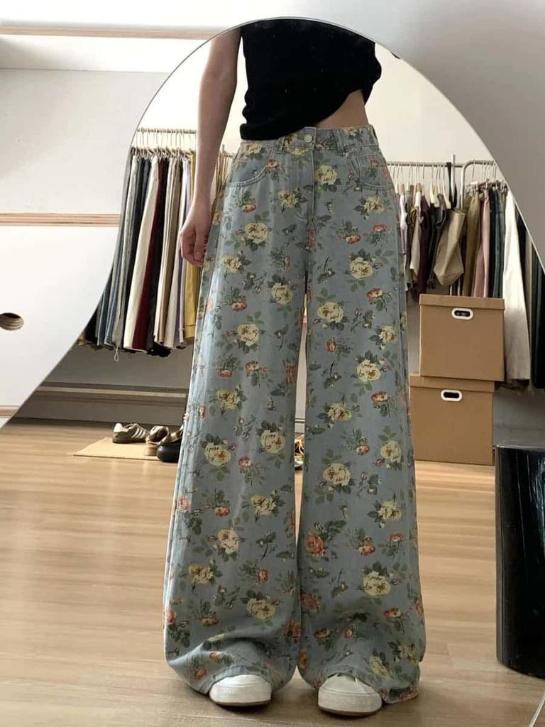 2025 Spring Floral Distressed High-Waisted Wide-Leg Jeans for Women - Slimming, Loose, Casual, Floor-Length Pants