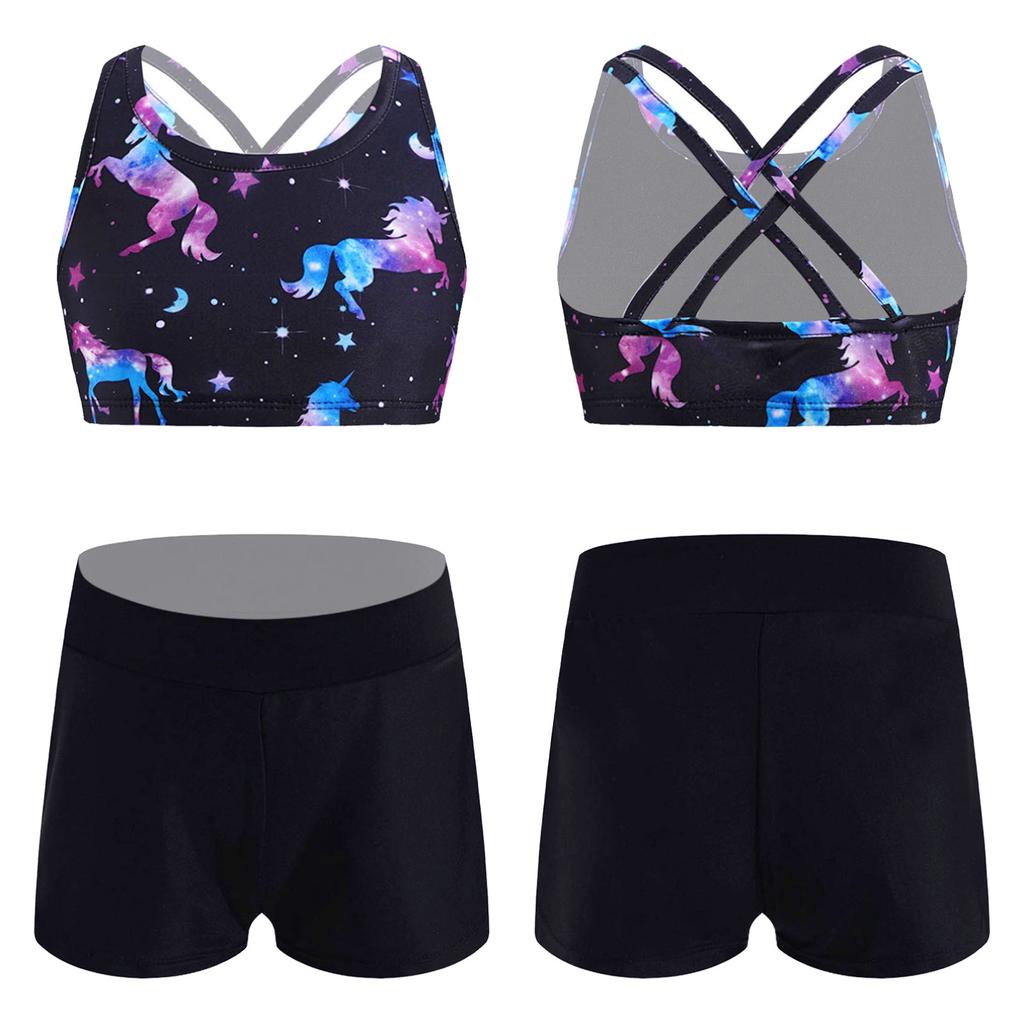 2PCS Kids Girls Sports Dance Outfit Crop Tops Shorts Leggings Tracksuit Workout