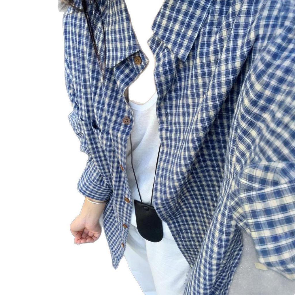 Women's Blue Plaid Long Sleeve Sun Protection Shirt - Lazy Style, Loose Fit, Versatile Thin Jacket for Spring, Summer, Autumn