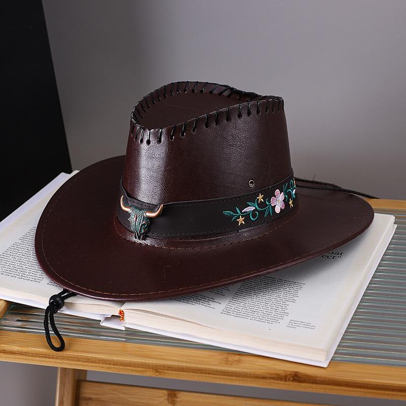 Vintage Fashion Cow Head Decorated Western Cowboy Hat Faux Leather Panama Style Bucket Jazz Cap for Men