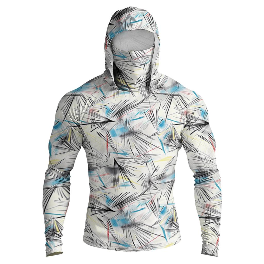 Men’s Long Sleeve Hooded Shirt with Face Cover Leaf Print Lightweight Breathable Quick Dry Athletic Top for Outdoor Sports Fishing Running Hiking