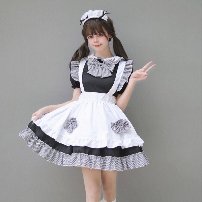 Cosplay Japanese Anime New 4-Piece Maid Outfit Cute Princess Dress Black and White Checkered Bow Maid Style