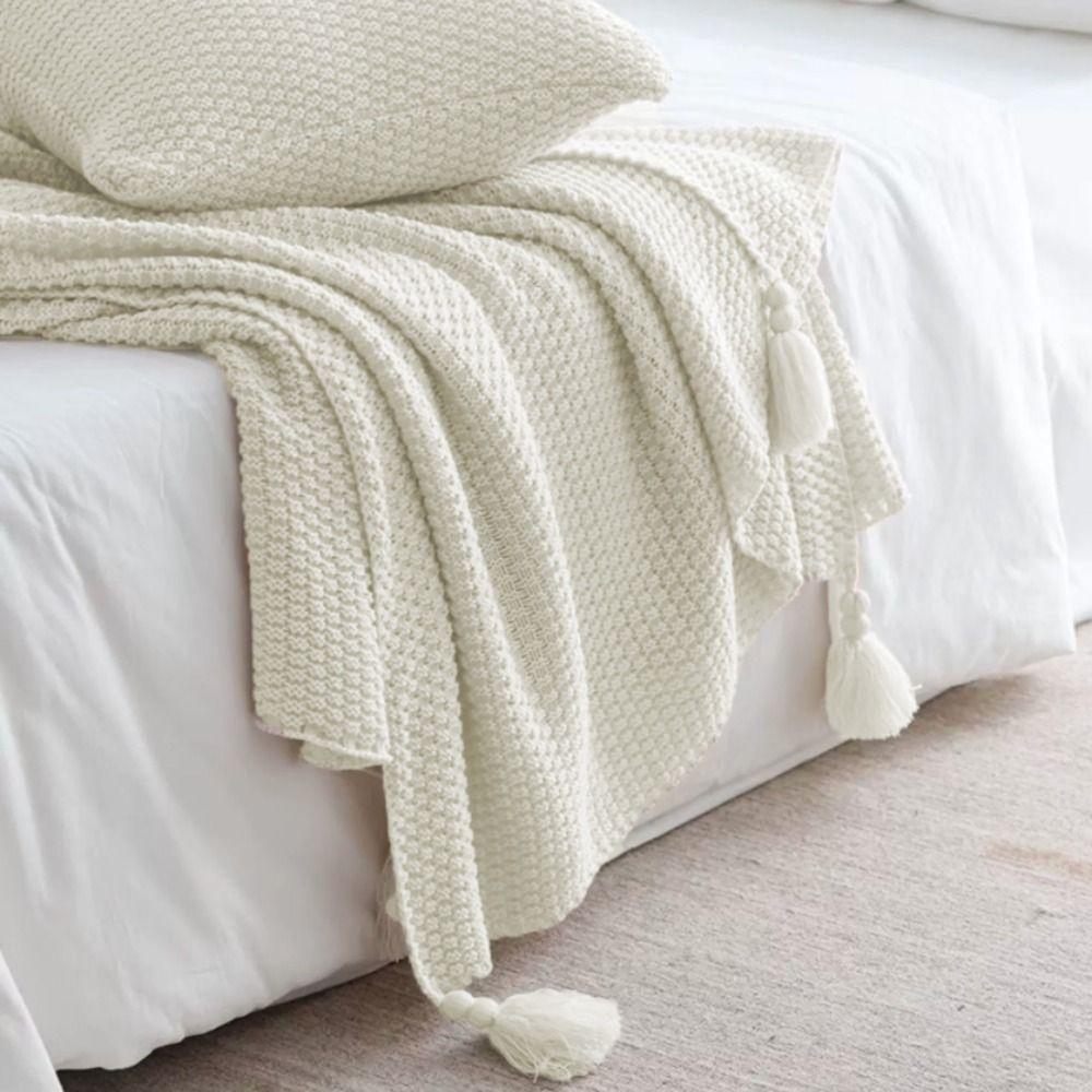 with Tassel Nordic Knitted Blanket Waffle Pattern Sofa Blanket Simple Nap Blanket  Air Condition