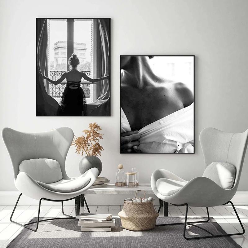 Pictură nordică pe pânză Moda femei frumoase postere alb-negru sexy fereastra fete perete artă imagini camera de zi decor acasă