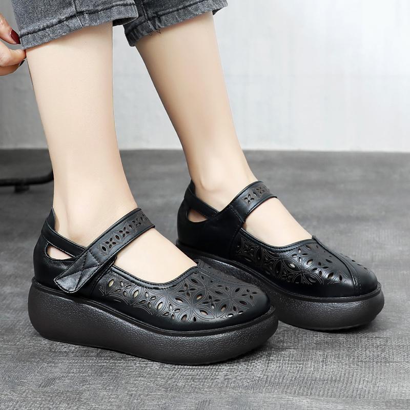 Fashion GKTINOO 2025 Spring Summer Hollow Genuine Leather Shoes Sandals Platform Increase Shoes Wedges High Heels Large Size Women Shoes