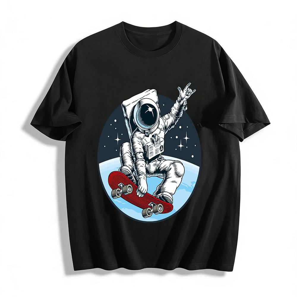 Astronaut Skateboard Print Casual Loose Crew Neck Short Sleeve T-Shirt Pure cotton T-shirt XXS