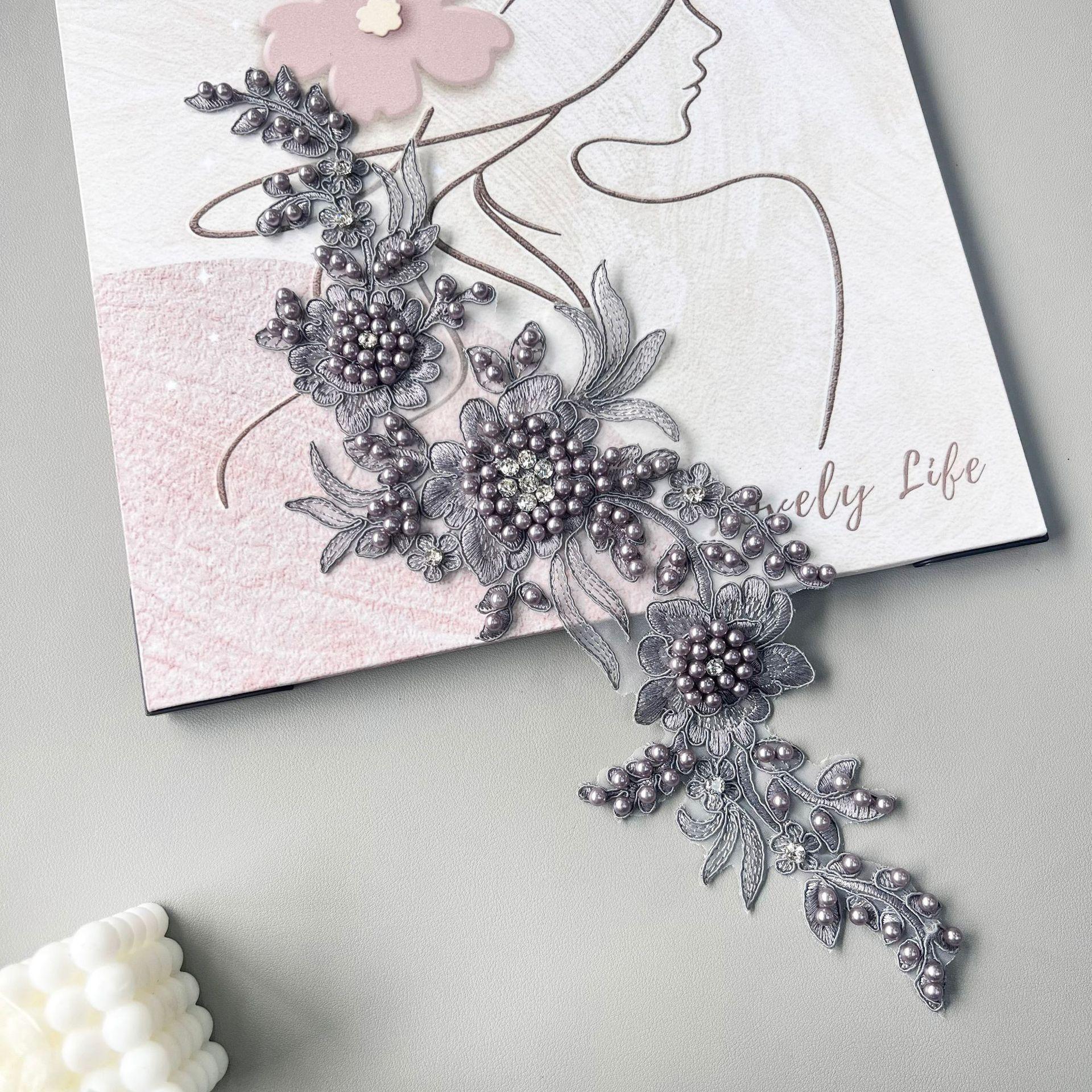 

Heavy Industry Mesh Handmade Beads Embroidery Flower Decoration Wedding Dress Decal Accessories Front Collar Cloth Sticker G008-2 gray purple beads