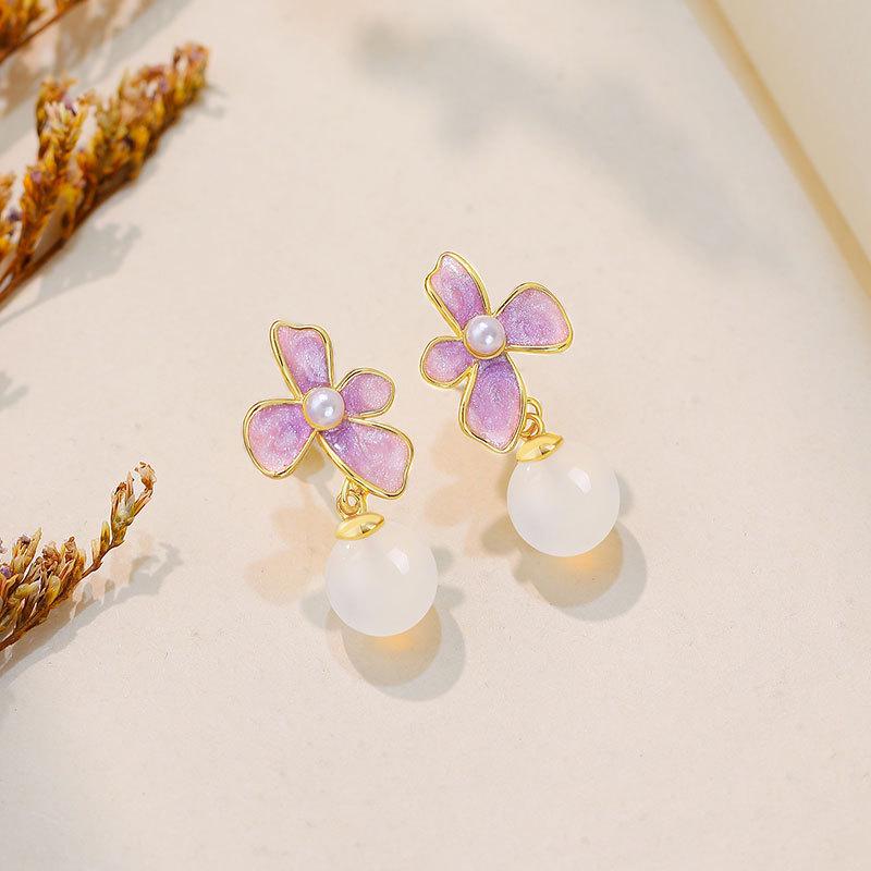 Chinese Style 925 Sterling Silver Flower Earrings with Faux Pearl Studs & Ear Hooks Gold Plated