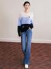 New Heavy Embroidery Color Block Crew Neck Long Sleeve Wool Mohair Knit Pullover