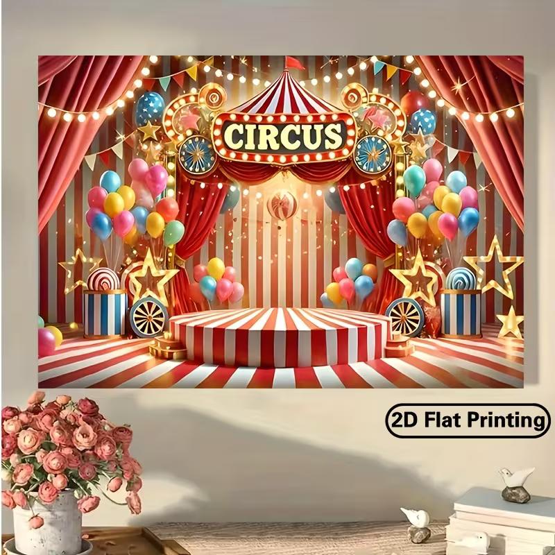 2D Circus Stage Background, Red Striped Tent with Platform & Balloons Themed Backdrop