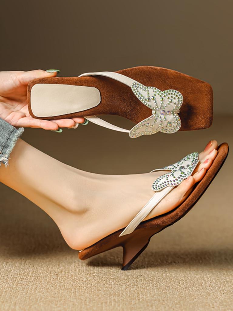 French Stunning High-heeled Sandals Women's Summer Wear Fashion Bow Rhinestone Leather Cool Slippers Toe Flip-flops