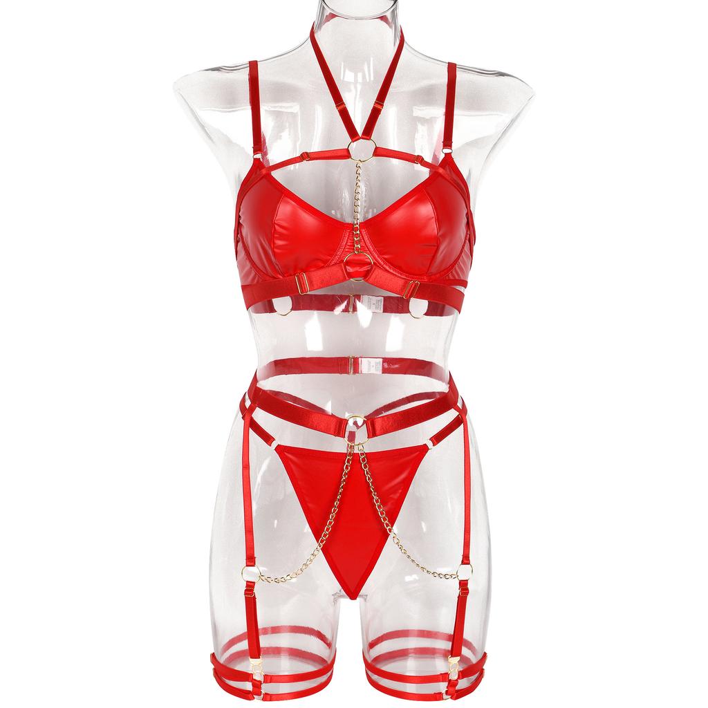 Sexy Lingerie Women'S 3 Piece Chain Underwear Open Anal Bondage Exotic Set Hollow Bra  Bodysuit See Through Babydoll Teddies