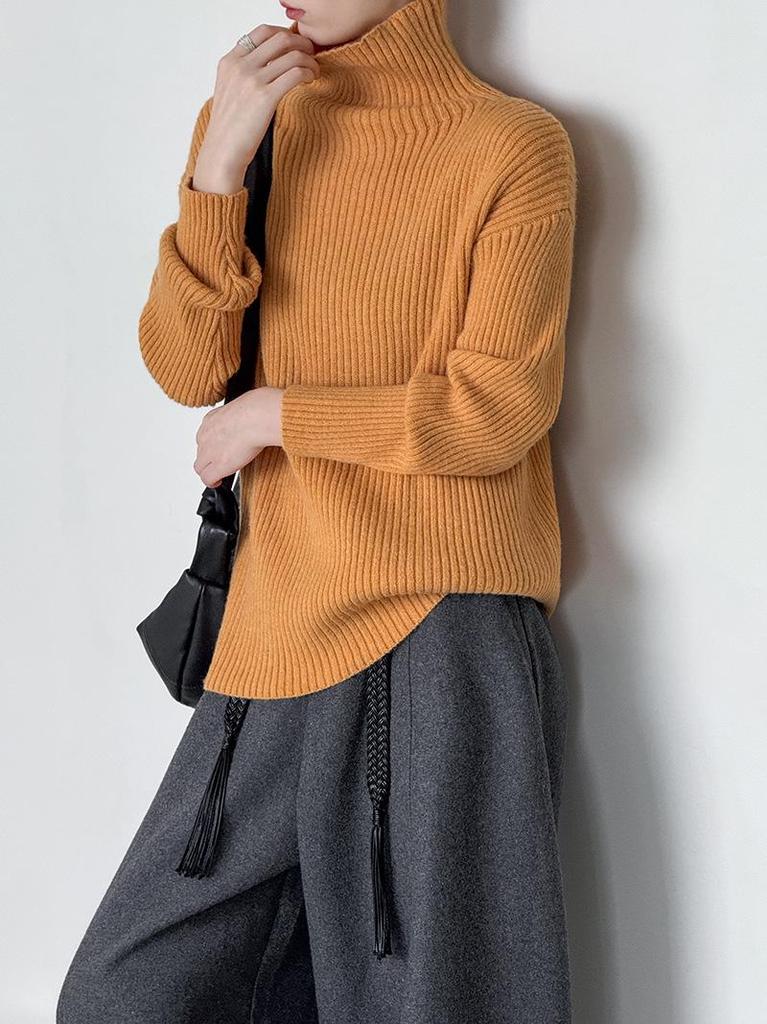 Juzhi Women's High Neck Loose Knit Pullover Sweater for Autumn/Winter - Long Sleeve, High-End Feel