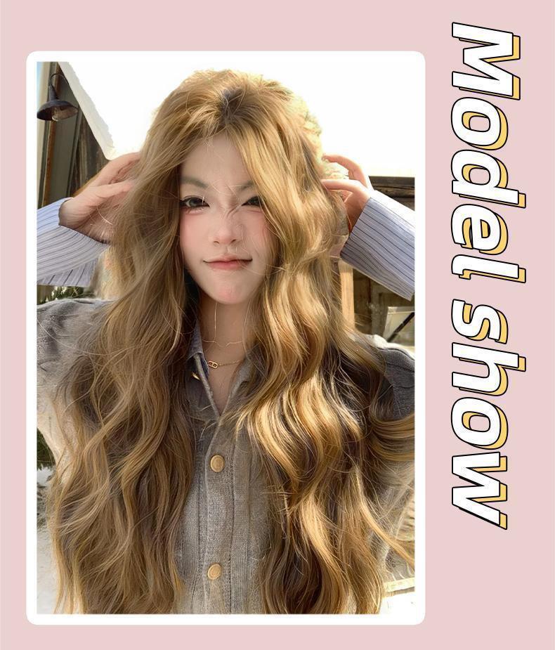 Natural Anti-Shedding Water Wave Long Curly Wig for Women, Linen Brown, Korean Style, Atmospheric Full Wig Cap