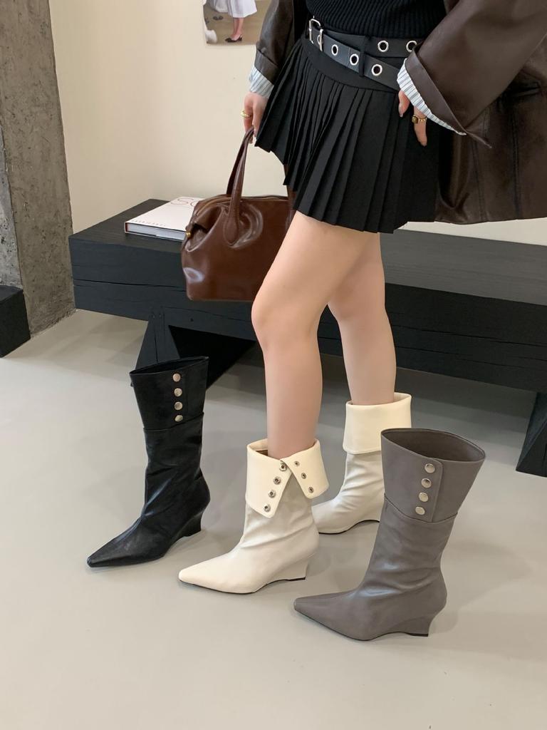 2025 New Medium Boots Women's Niche Design Two-wear Stacking Boots High Knight Boots Wedge Heel Western Cowboy Boots