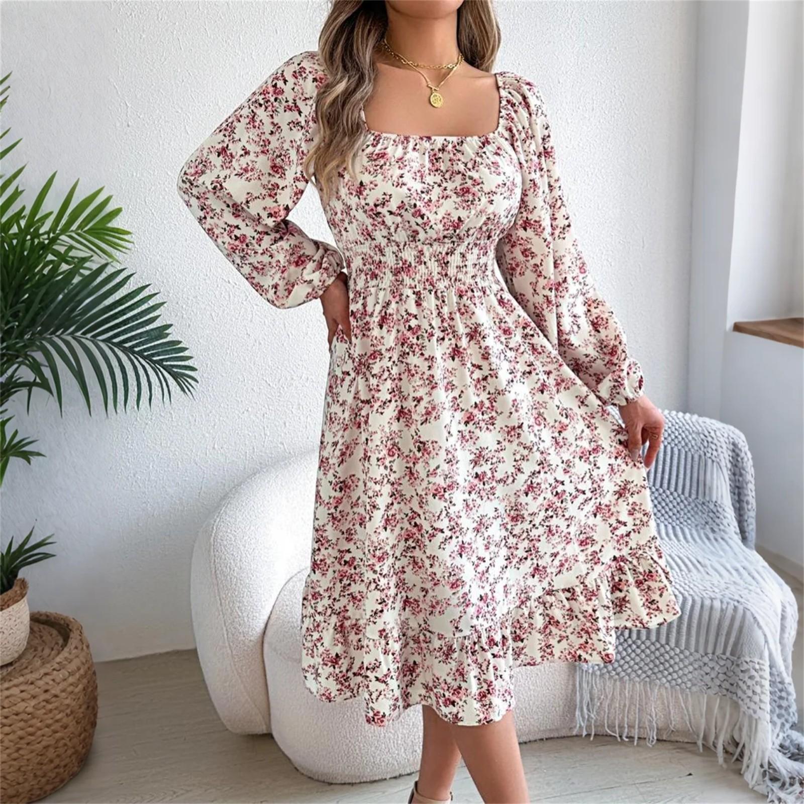 

Женское модное ретро платье с цветочным принтом, длинным рукавом, приталенное, А-силуэта, пуловер XL белый