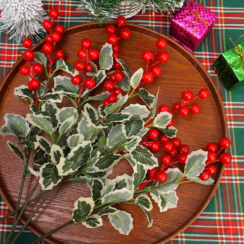 Red Berry Branch Christmas Fake Holly Leaves Flower Xmas New Year Party Home Decoration DIY Packaging Gift Crafts