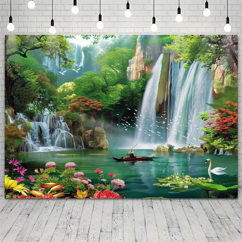 2D Wald Wasserfall Wandteppich Natur See mit Boot & Schwan Hintergrundtuch für Zuhause
