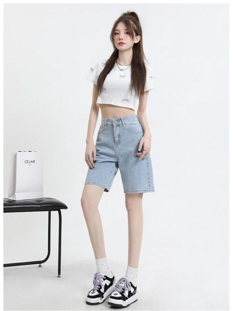 Women's High-Waisted Retro Denim Shorts - Trendy, Versatile, Slimming, Loose-Fit, Summer Five-Point Pants.