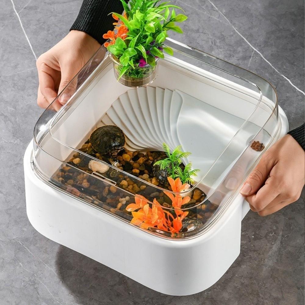 Large Capacity Transparent Turtle Tank with Sun Platform Anti Escape Turtle Aquarium Plastic Full View Breeding Box