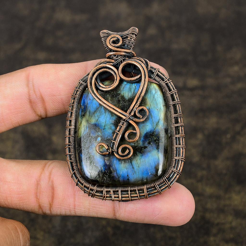 Natural Labradorite Gemstone Handmade Copper Wire Wrap Gift Pendant 2.6" w1i83