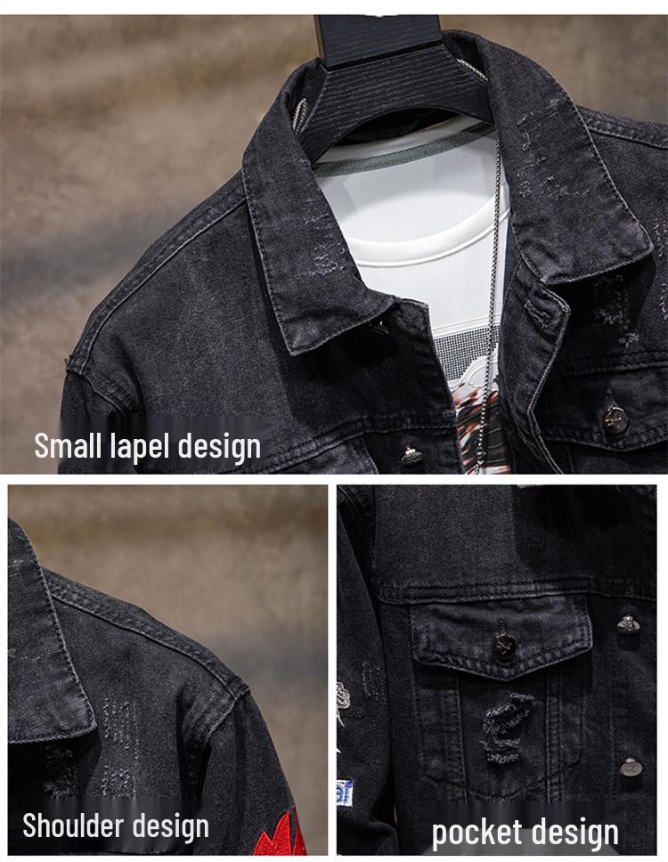 Heren Gescheurde Geborduurde Denim Jas - Losse, Trendy Lente & Herfst Casual Lange Mouw Jas van Tide