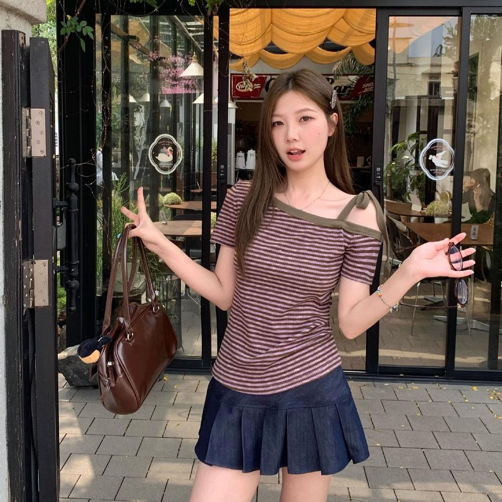 Korean ins Sweet and Spicy Girly Purple Striped Slash Shoulder Short Sleeve T-Shirt Women's Summer Slim Off-Shoulder Top Women