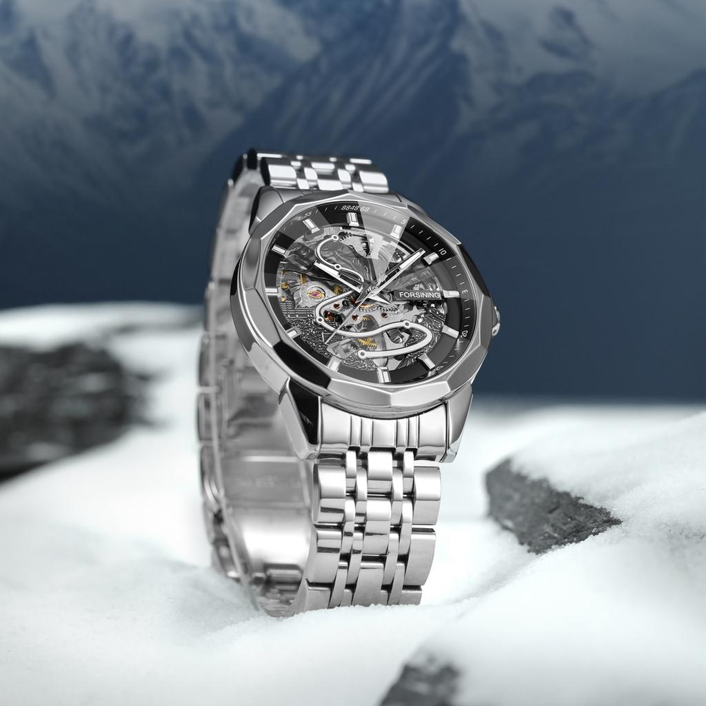 FORSINING Original Gold Skeleton Mechanical Man Watch Automatic Movement Clock Luxury Stainless Steel Men's Watches